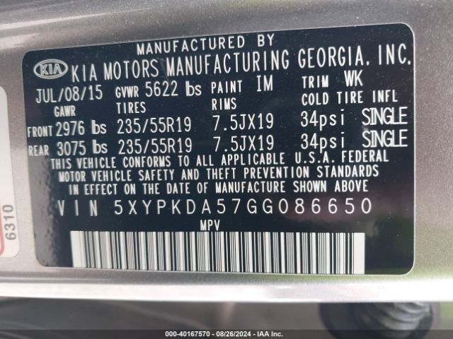 5XYPKDA57GG086650 KIA Sorento 3.3l Sxl