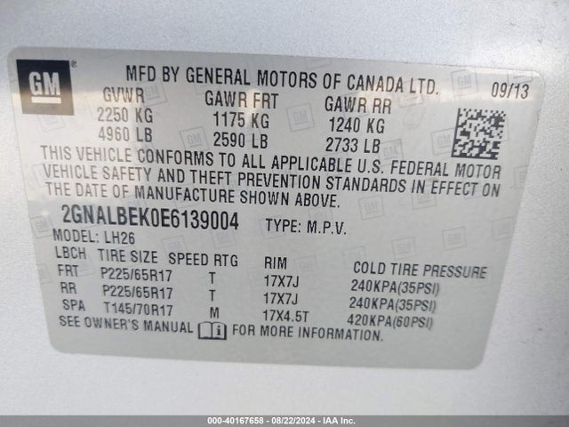 Chevrolet EQUINOX 1LT 2014 2GNALBEK0E6139004 Image 9