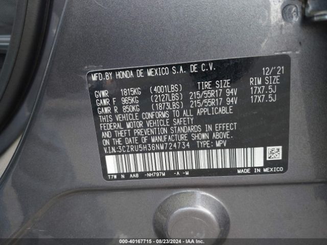 3CZRU5H36NM724734 Honda Hr-v 2wd Lx