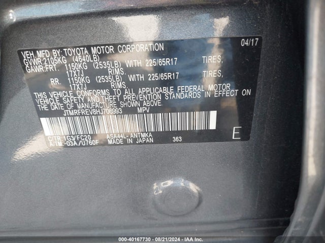 Toyota Rav4 Xle 2017 JTMRFREV8HJ706993 Image 9