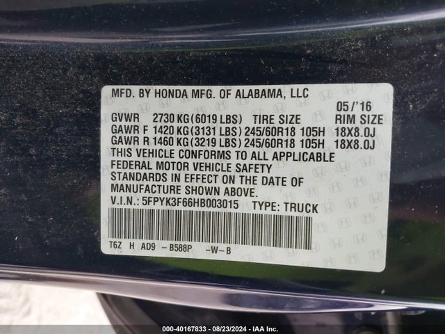 Honda Ridgeline Rtl-t 2017 5FPYK3F66HB003015 Image 9