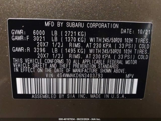 4S4WMAKD6N3403793 Subaru Ascent Limited