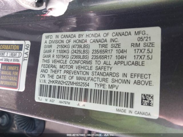 2HKRW2H22MH652554 Honda Cr-v Awd Lx