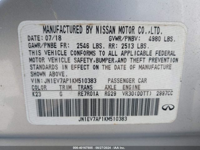 JN1EV7AP1KM510383 Infiniti Q50 3.0t Luxe