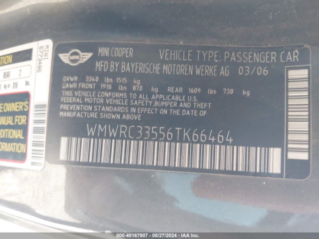 2006 MINI COOPER WMWRC33556TK66464 Photo 8