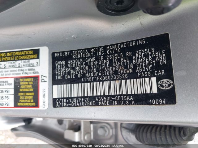 Toyota CAMRY SE 2016 4T1BF1FK0GU233526 Image 9
