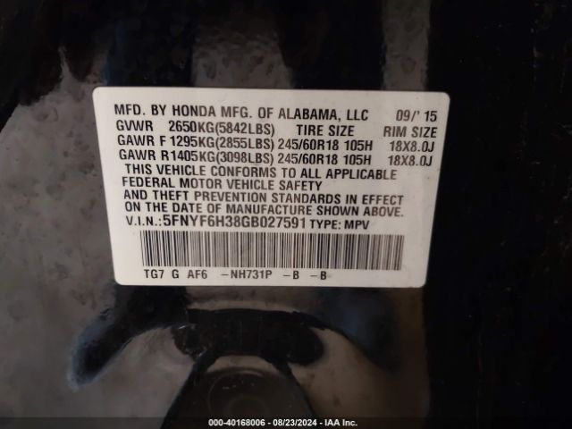 5FNYF6H38GB027591 Honda Pilot Ex