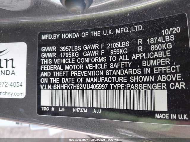 Honda CIVIC EX 2021 SHHFK7H62MU405997 Image 9