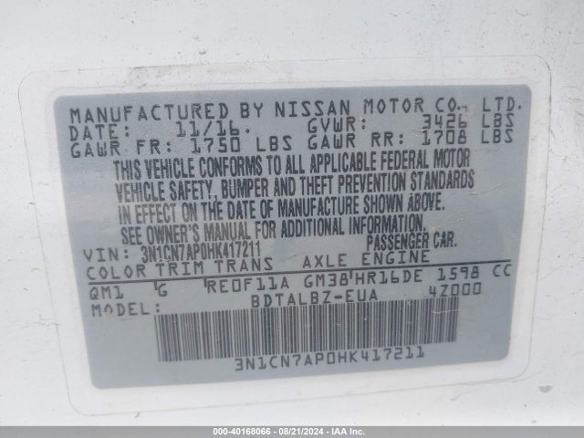 Nissan Versa 1.6 Sv 2017 3N1CN7AP0HK417211 Image 9