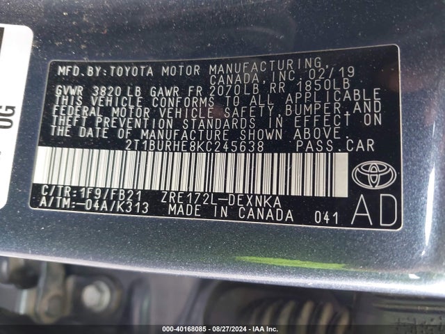 Toyota COROLLA LE 2019 2T1BURHE8KC245638 Image 9