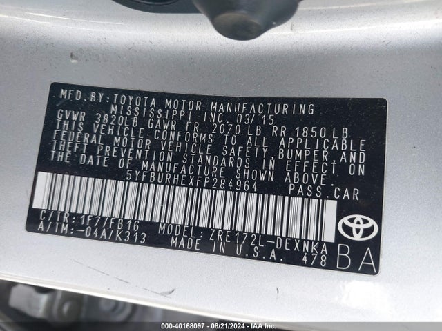 Toyota COROLLA LE 2015 5YFBURHEXFP284964 Image 9