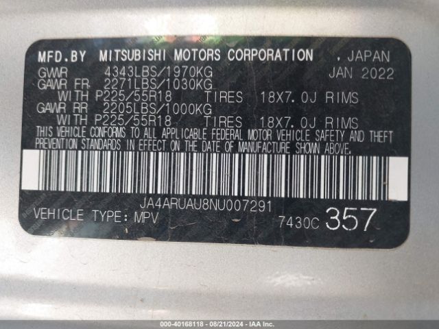 2022 MITSUBISHI OUTLANDER SPORT JA4ARUAU8NU007291 Photo 8