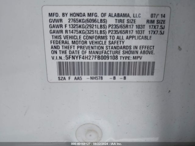 5FNYF4H27FB009108 Honda PILOT LX