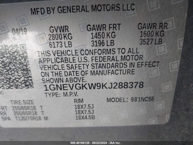 Chevrolet Traverse 1lt 2019 1GNEVGKW9KJ288378 Image 9