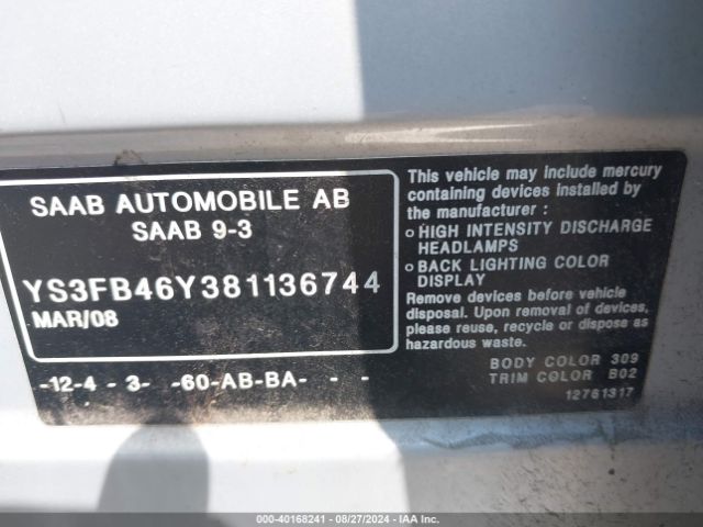 2008 SAAB 9-3 YS3FB46Y381136744 Photo 8