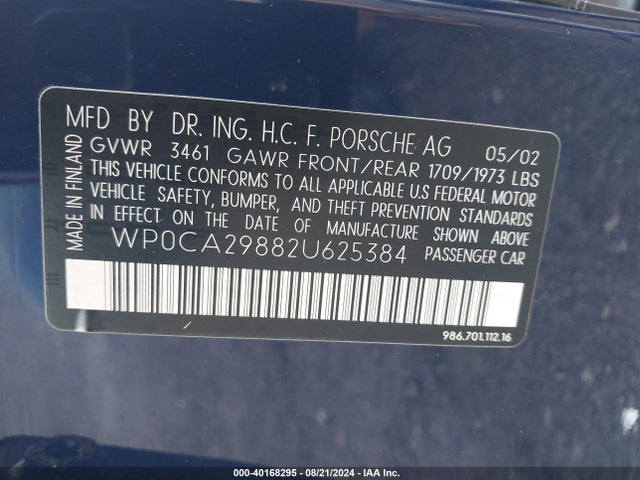 2002 PORSCHE BOXSTER WP0CA29882U625384 Photo 8