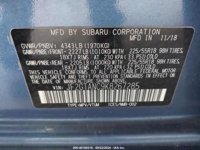 JF2GTANC9K8267285 Subaru Crosstrek 2.0i Limited