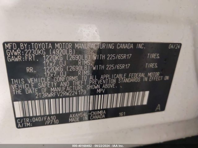 2T3RWRFV2RW224179 Toyota Rav4 Hybrid Xle