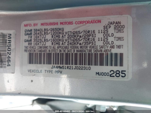 2001 MITSUBISHI MONTERO JA4MW51R21J022310 Photo 8