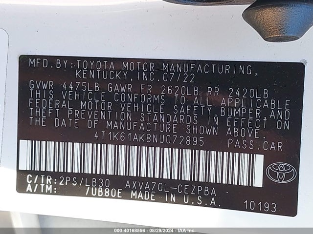 Toyota CAMRY XSE 2022 4T1K61AK8NU072895 Image 9