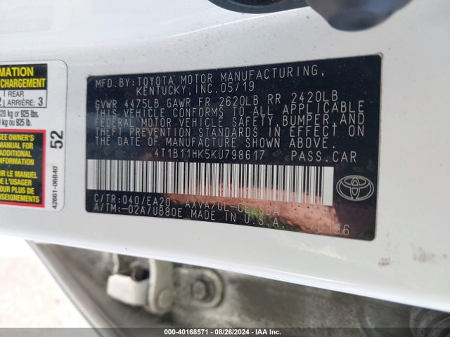 Toyota CAMRY SE 2019 4T1B11HK5KU798617 Image 9