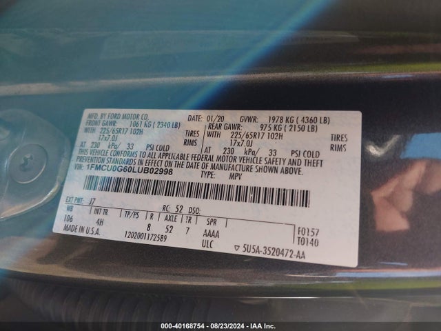 Ford ESCAPE SE 2020 1FMCU0G60LUB02998 Image 9