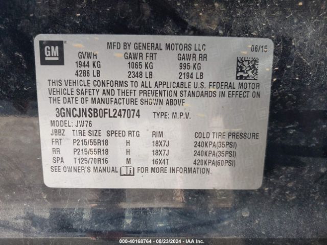3GNCJNSB0FL247074 Chevrolet TRAX LTZ