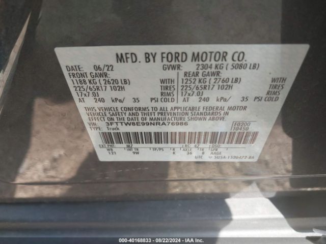 3FTTW8E99NRA76986 Ford Maverick Xl