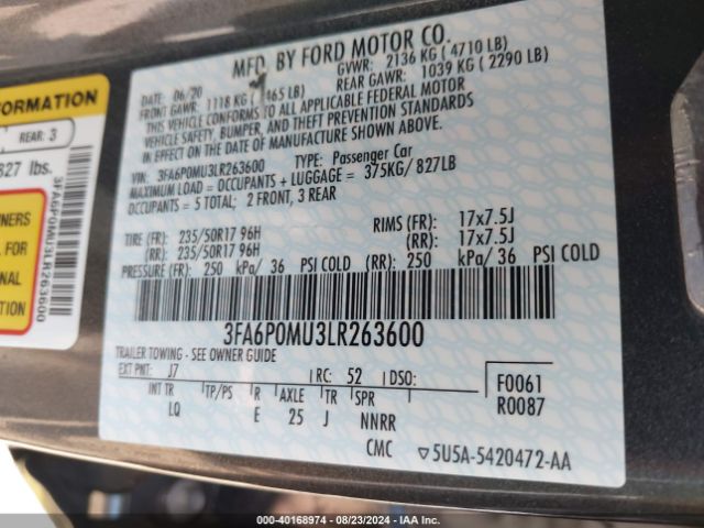 3FA6P0MU3LR263600 Ford Fusion Hybrid Sel