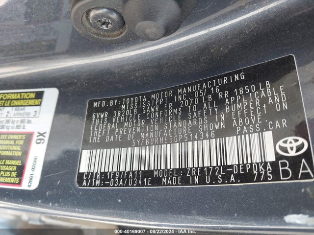 Toyota COROLLA L 2016 5YFBURHE5GP514346 Image 9