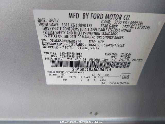Ford FLEX SEL 2018 2FMGK5C8XJBA06214 Image 9