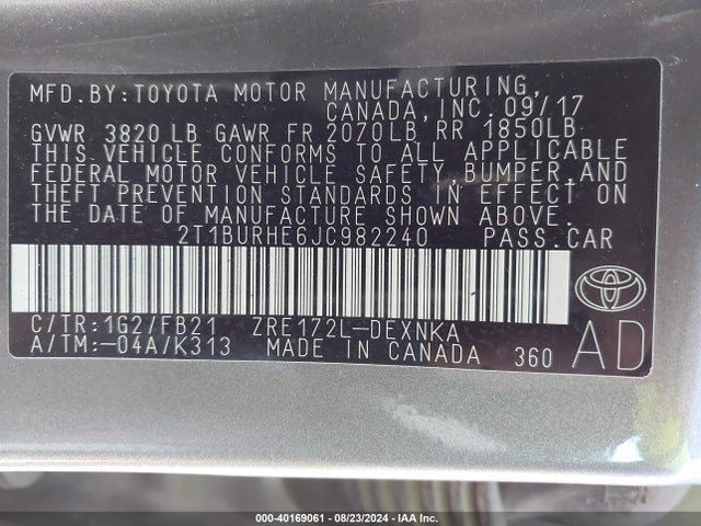 Toyota COROLLA LE 2018 2T1BURHE6JC982240 Image 9