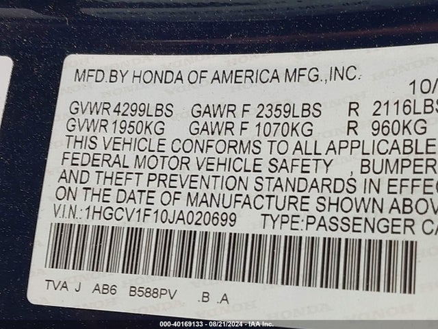 Honda ACCORD LX 2018 1HGCV1F10JA020699 Image 9