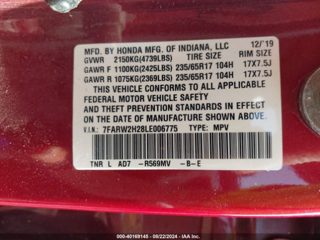 7FARW2H28LE006775 Honda Cr-v Awd Lx