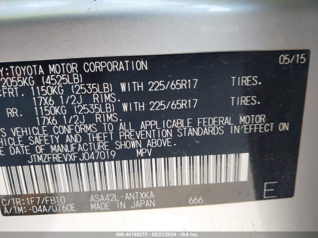 Toyota RAV4 LE 2015 JTMZFREVXFJ047019 Image 9
