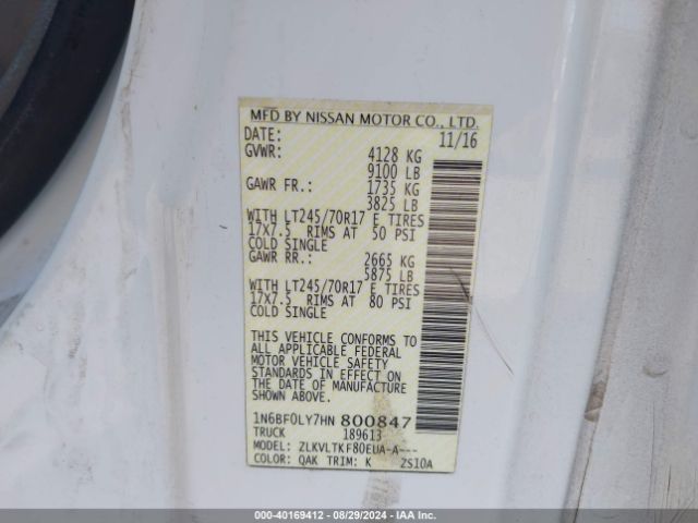 1N6BF0LY7HN800847 Nissan Nv Cargo Nv2500 Hd Sv V6
