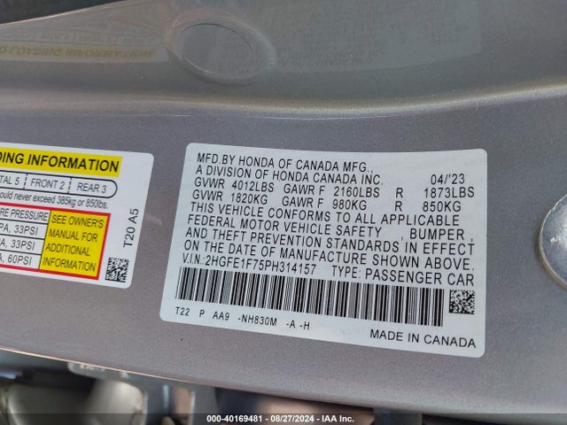 Honda Civic Ex /ex W/o Bsi 2023 2HGFE1F75PH314157 Image 9