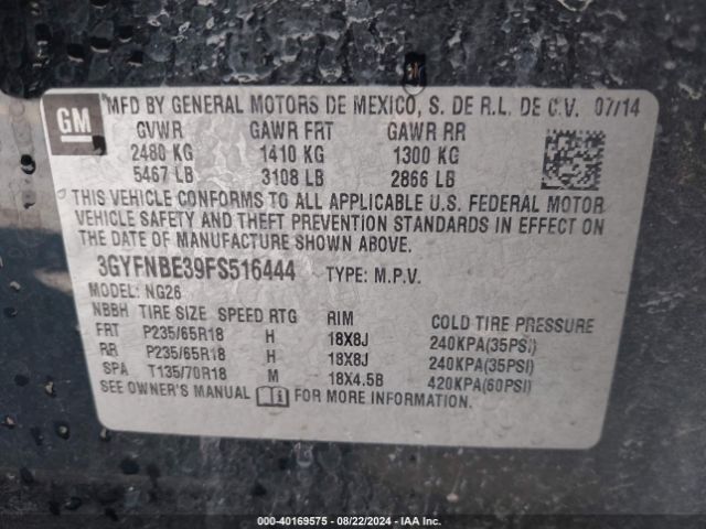 3GYFNBE39FS516444 Cadillac Srx Luxury Collection