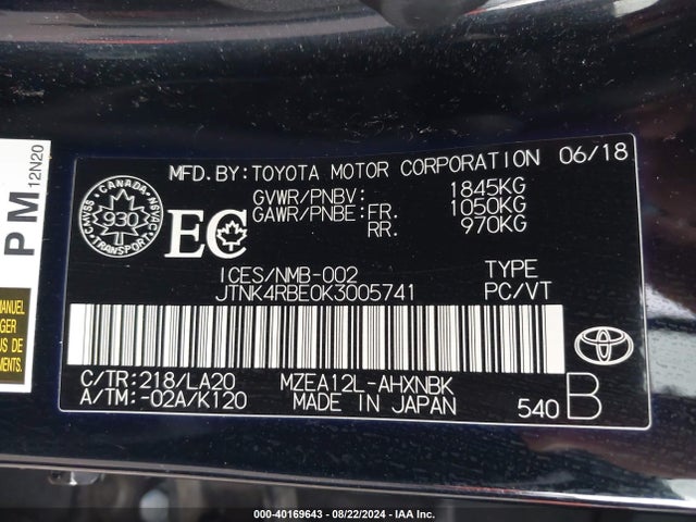 Toyota Corolla 2019 JTNK4RBE0K3005741 Image 9