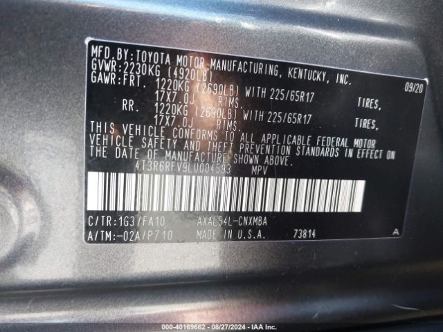 4T3R6RFV9LU004593 Toyota Rav4 Hybrid Xle
