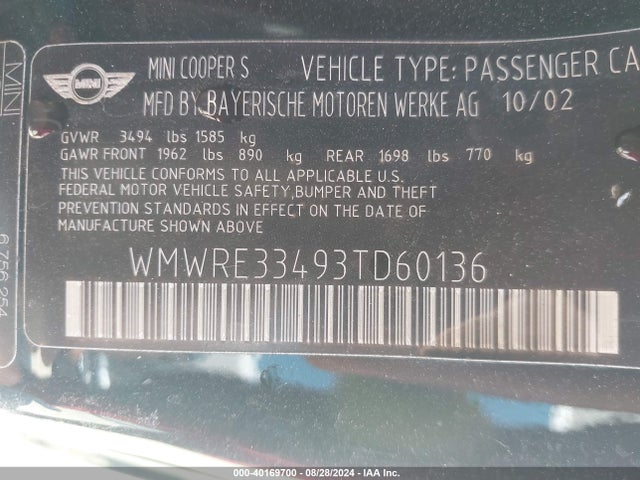 2003 MINI COOPER S WMWRE33493TD60136 Photo 8