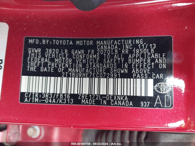 Toyota COROLLA LE 2014 2T1BURHE7EC072991 Image 9