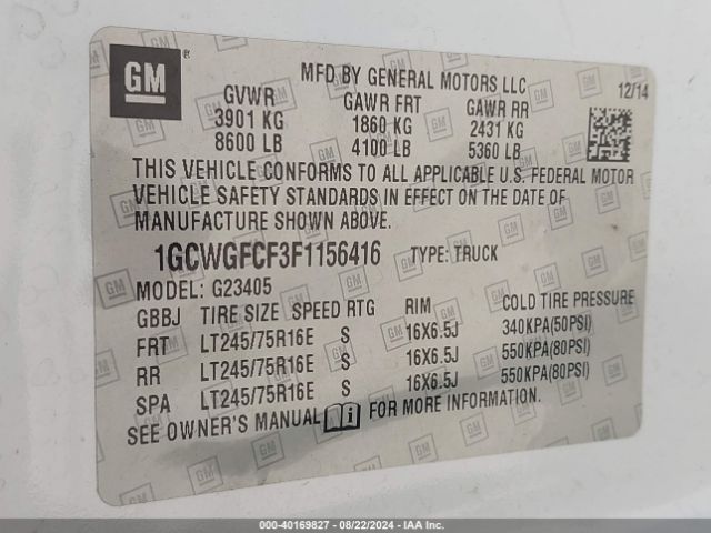 1GCWGFCF3F1156416 Chevrolet Express 2500 Work Van