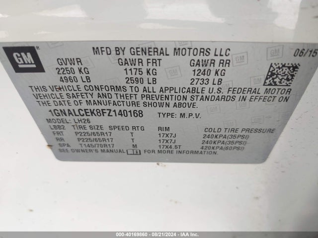 Aukcja sprzedaży 2015 Chevrolet Equinox 2lt, vin: 1GNALCEK8FZ140168, numer aukcji: 40169860