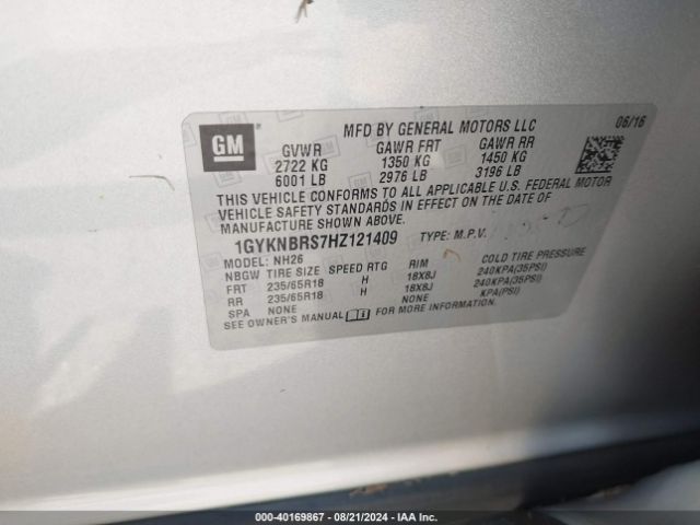 1GYKNBRS7HZ121409 Cadillac XT5 LUXURY