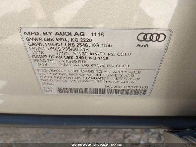 WA1JCCFS9HR011103 Audi Q3 2.0t Premium