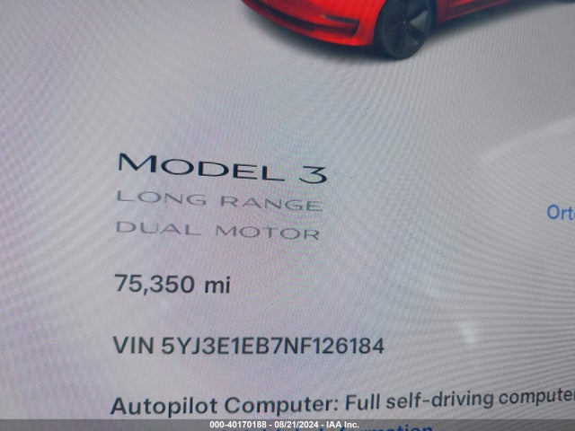 Tesla Model 3 Long Range Dual Motor All-wheel Drive 2022 5YJ3E1EB7NF126184 Image 7