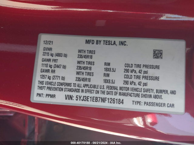 Tesla Model 3 Long Range Dual Motor All-wheel Drive 2022 5YJ3E1EB7NF126184 Image 9