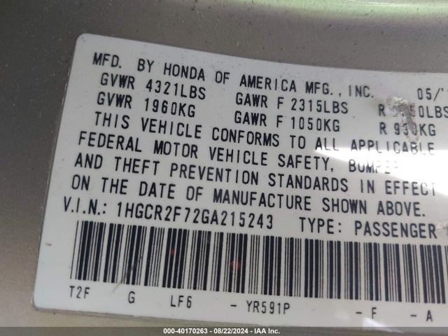 Honda ACCORD EX 2016 1HGCR2F72GA215243 Image 9