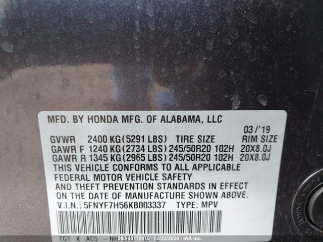Honda Passport Ex-l 2019 5FNYF7H56KB003337 Image 9